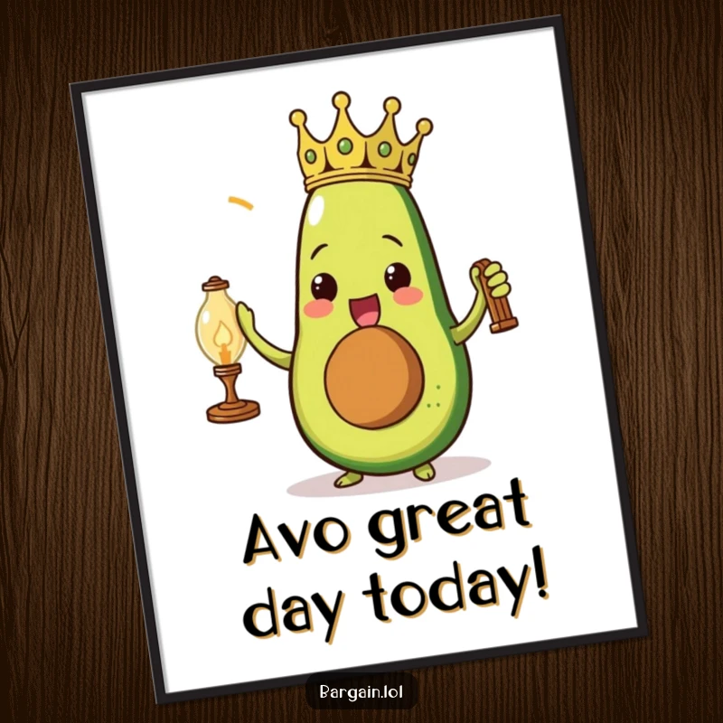 Funny Free Printable Wall Art: Triumphant avocado wearing a paper crown holds a dusty vintage lamp, exuding royalty.