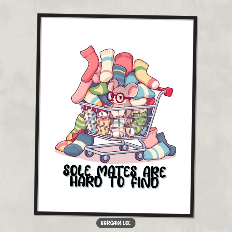 Funny Free Printable Wall Art: Mouse in a monocle inspects mismatched socks spilling from a shopping cart, bringing laughs.