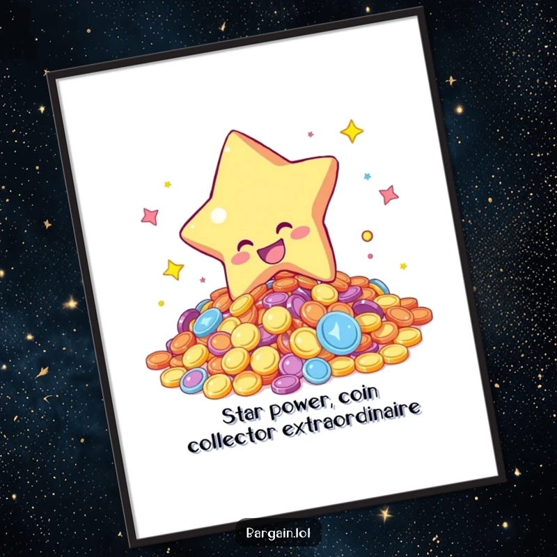 Funny Free Printable Wall Art: A star character gleefully diving into a pile of colorful, shimmering coins, bringing a sense of abundance.