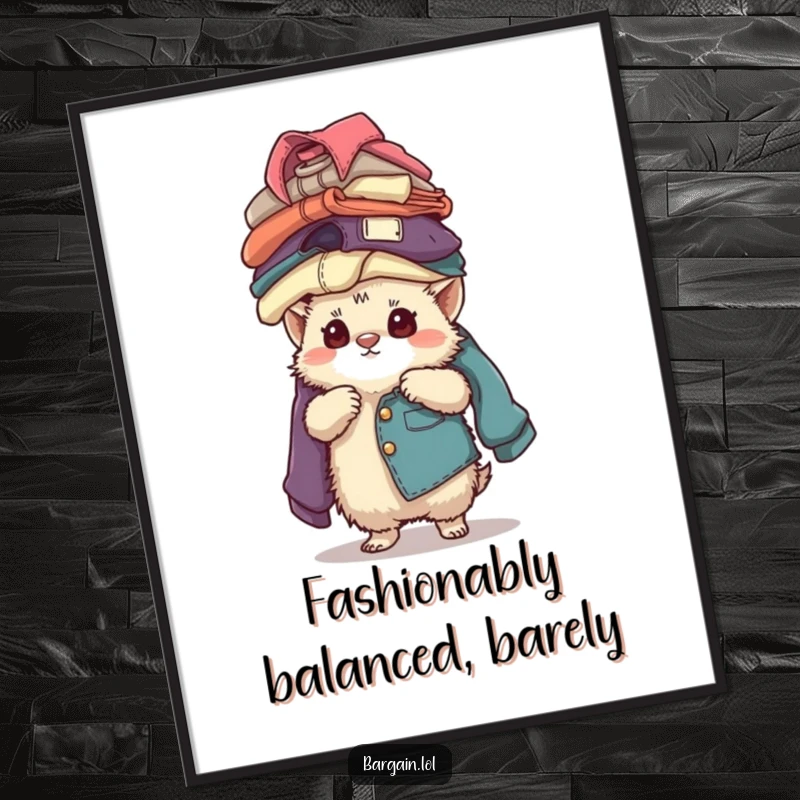 Funny Free Printable Wall Art: A small fuzzy creature with intense focus balancing an impossibly tall stack of vintage clothing, decor.