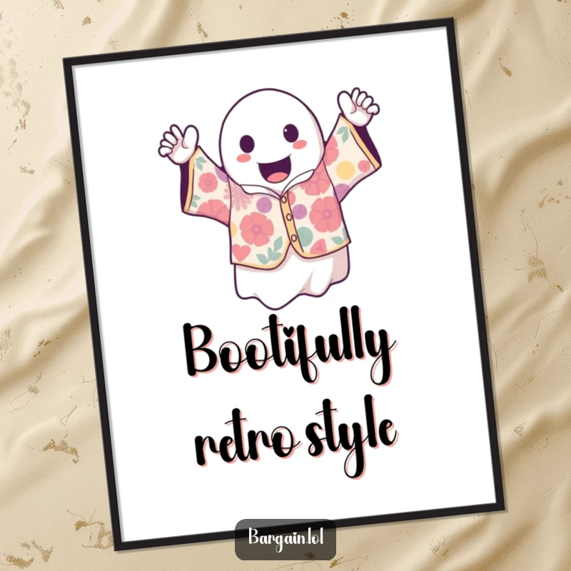Funny Free Printable Wall Art: A cute kawaii ghost excitedly showcases a loud, retro, wildly patterned vintage shirt, exuding playful fashion.