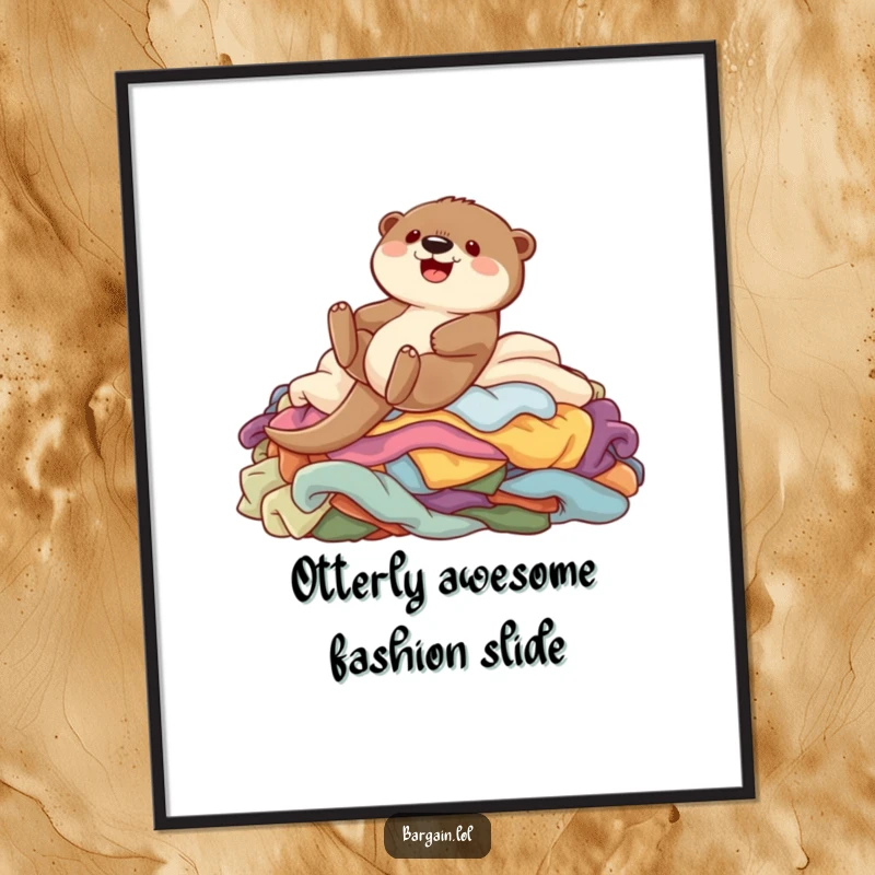 Funny Free Printable Wall Art: A cheerful otter gleefully sliding down a pile of vibrant clothing, great downloadable art.