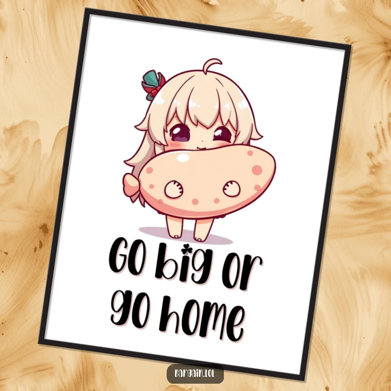 Funny Free Printable Wall Art: Character shows pure delight holding a ridiculously oversized, comical novelty item.