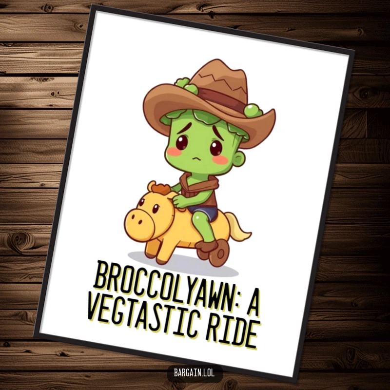 Funny free printable wall art of a confused broccoli sprout in a cowboy hat, confidently riding a squeaky toy.