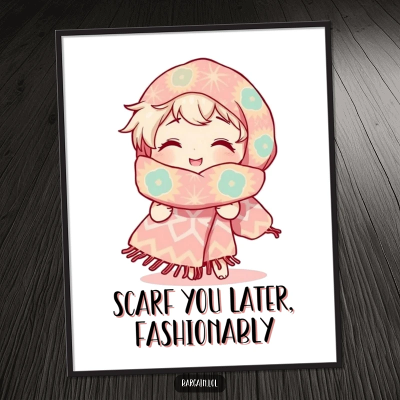 Funny Free Printable Wall Art: Character with radiant smile admires a ridiculously large, uniquely patterned scarf with glee.
