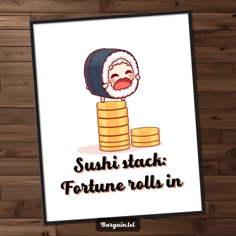 Funny free printable wall art of a giggling sushi roll skillfully balancing on a tower of shiny coins.