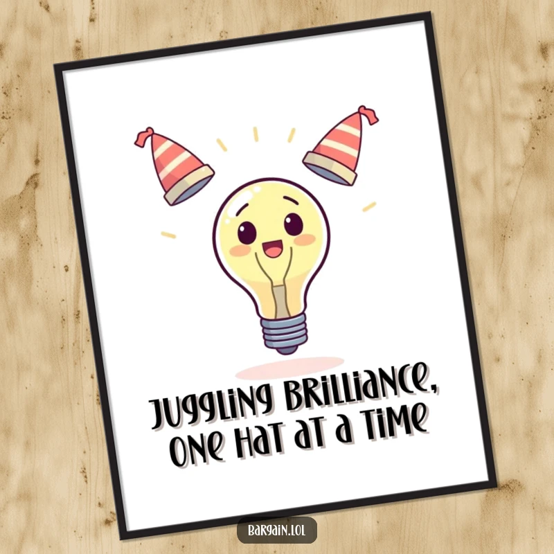 Funny Free Printable Wall Art: Surprised lightbulb comically juggles three tiny hats, a delightful conversation starter.