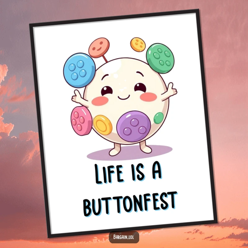 Funny Free Printable Wall Art of a round character juggling large, colorful buttons with an infectious, goofy grin.