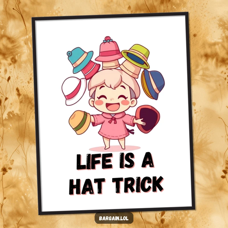 Funny Free Printable Wall Art: Character with a wide grin masterfully juggles several mismatched, vibrant hats.