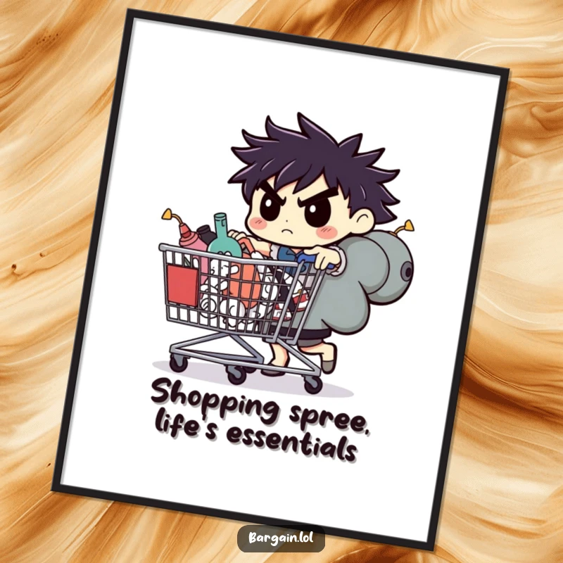 Funny Free Printable Wall Art: A focused character pushes an immense shopping cart filled with a variety of strange and wonderful odds and ends.
