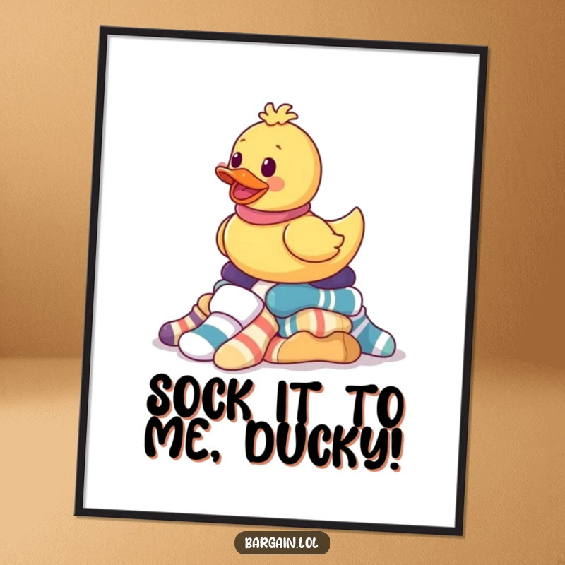 Funny Free Printable Wall Art of a rubber ducky gleefully balancing a pile of mismatched socks, adding quirky charm.