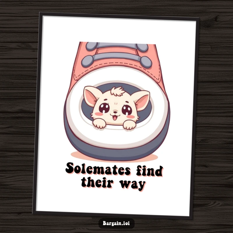Funny Free Printable Wall Art depicting a small creature with big, amazed eyes peeking out of a comically enormous shoe.