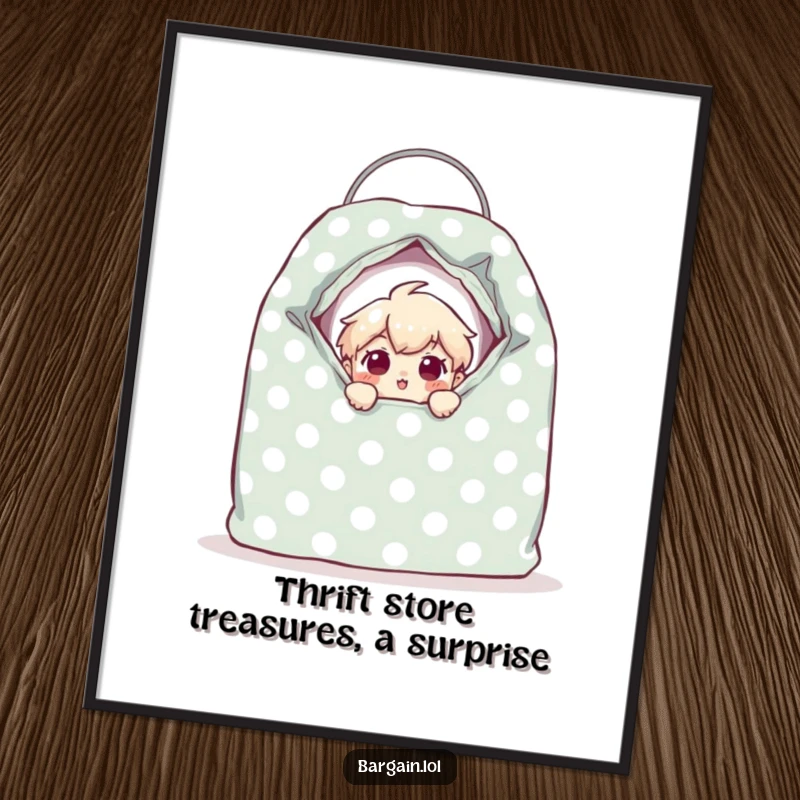 Funny free printable wall art of a character surprised inside a giant polka-dotted thrift bag, celebrating unexpected finds.