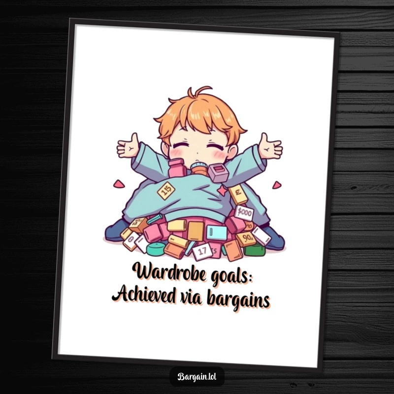 Funny Free Printable Wall Art: Character joyfully clutching a huge pile of ridiculously discounted, oddball clothing items, celebrating fashion.