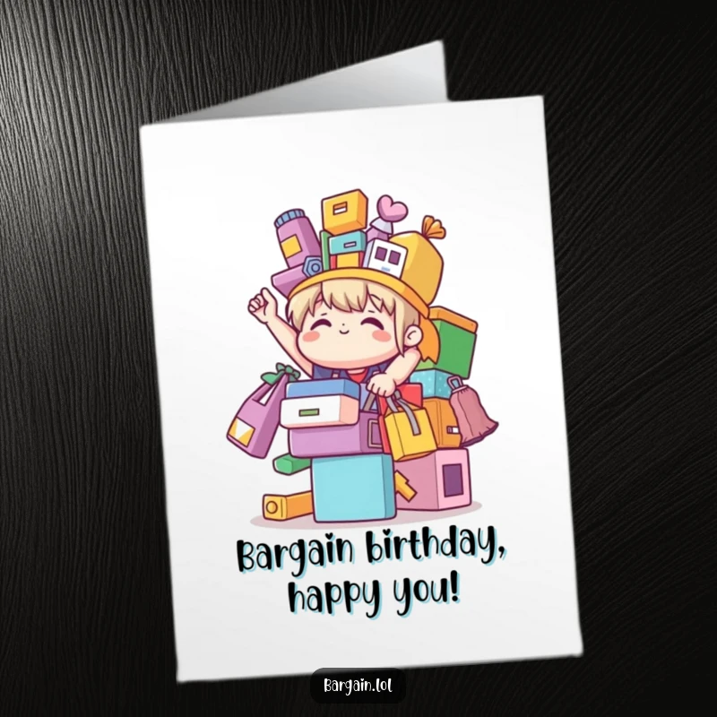Funny free printable birthday card of a cute character triumphantly balancing a pile of colorful, mismatched bargain items.