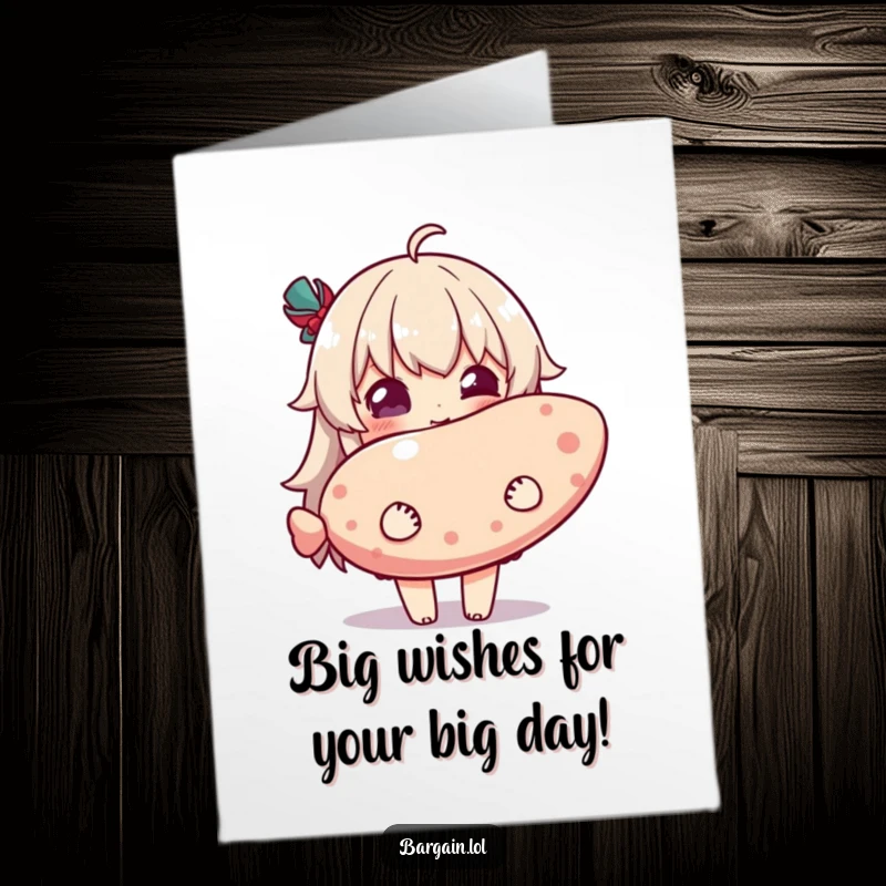 Funny Free Printable Birthday Card: Character's pure delight holding a ridiculously oversized, amusing novelty item.
