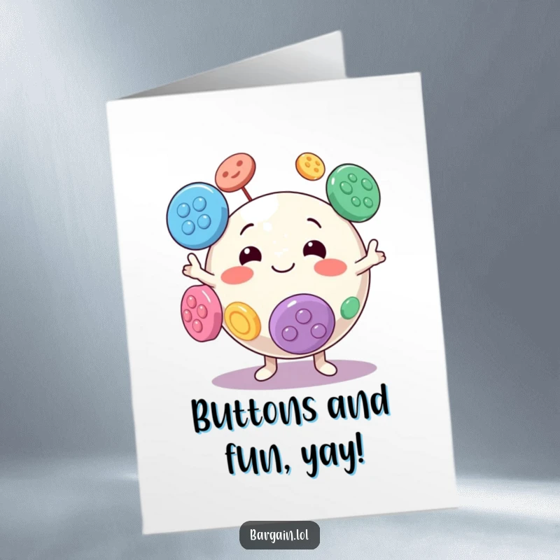 Funny Free Printable Birthday Card featuring a round character gleefully juggling huge colorful buttons with a wide, silly grin.