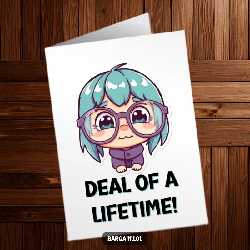 Funny Free Printable Birthday Card: Character peers through huge, silly glasses at a ridiculously low price tag, eyes wide with delight.