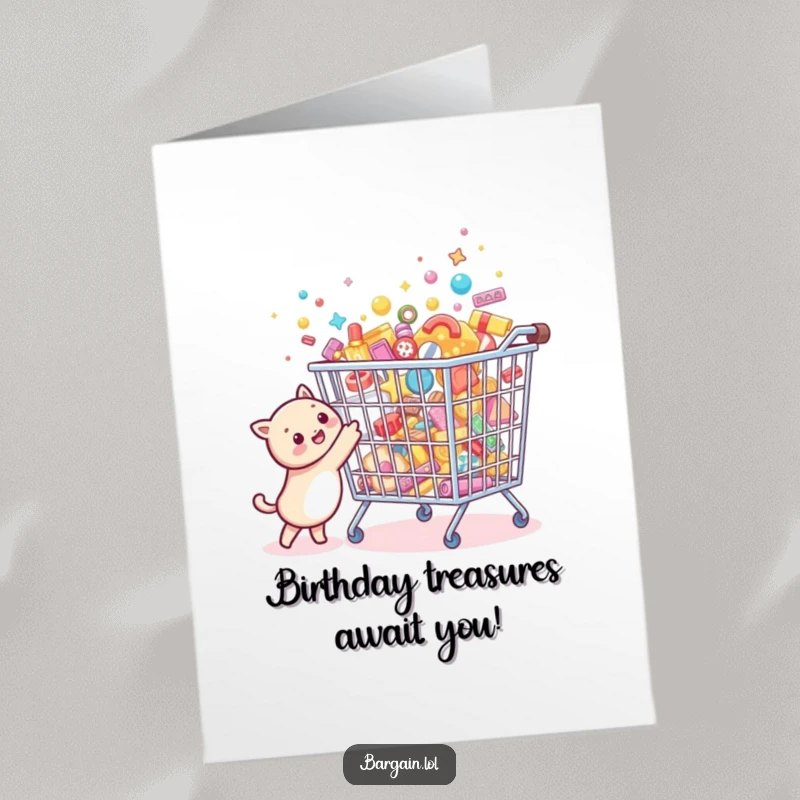 Funny Free Printable Birthday Card: Tiny round creature joyfully points at an oversized sparkling bargain bin overflowing with tiny treasures, a happy find.