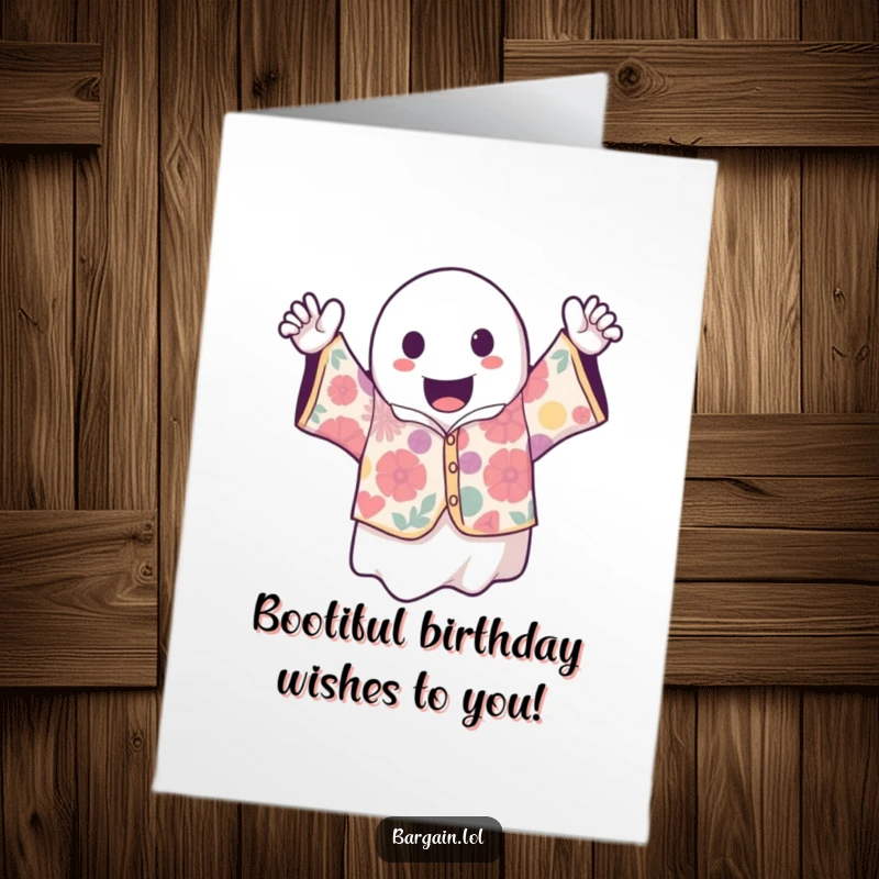Funny Free Printable Birthday Card: A cute kawaii ghost excitedly waves a wildly patterned vintage shirt, ready to party for a birthday.