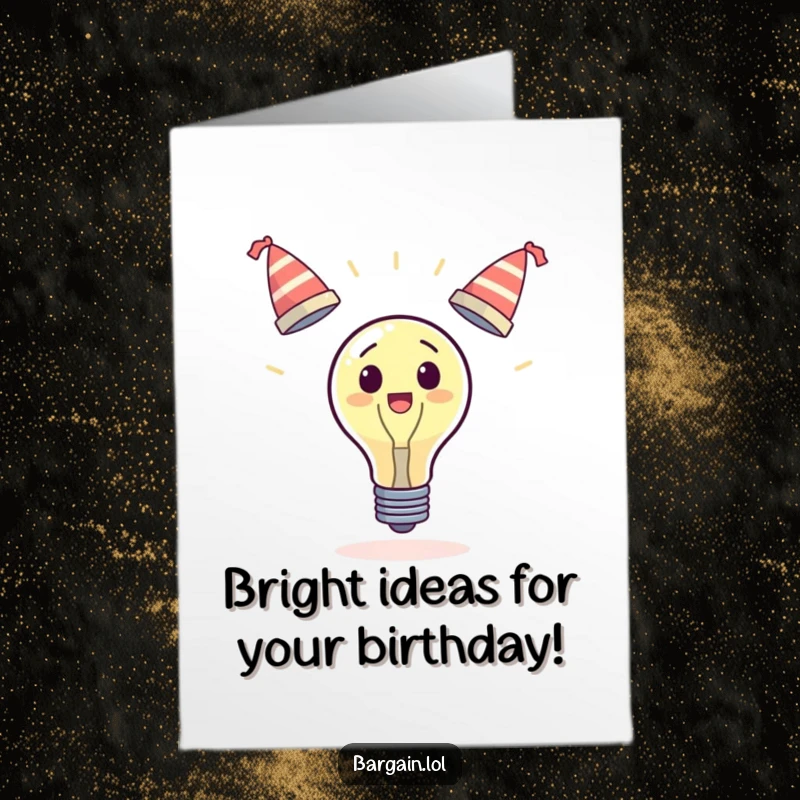 Funny Free Printable Birthday Card: Surprised lightbulb hilariously juggles three small, unsteady hats, celebrating their special day.