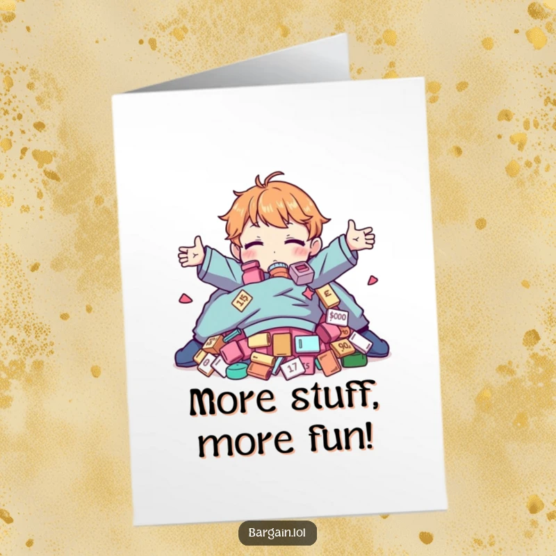 Funny Free Printable Birthday Card: Character joyfully hugging a huge pile of bizarre discount clothes, ready for a fashion spree.