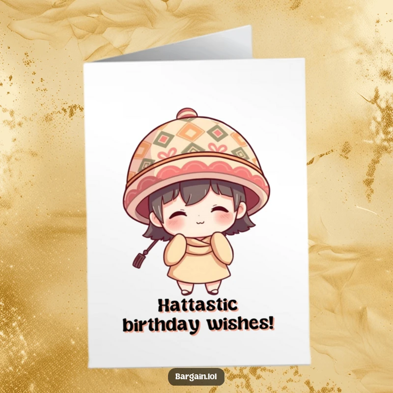 Funny Free Printable Birthday Card: Character shyly smiles while trying to balance a ridiculously large, brightly patterned hat on their head.
