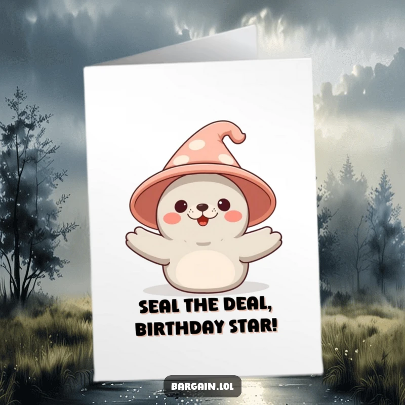 Funny Free Printable Birthday Card: Kawaii seal proudly shows off a giant novelty hat, spreading birthday cheer.
