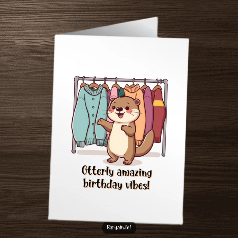 Funny Free Printable Birthday Card: A joyful Kawaii otter dances exuberantly near a rack overflowing with cozy sweaters.