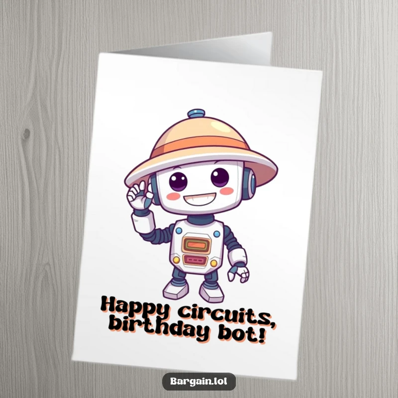Funny Free Printable Birthday Card: Silly robot grinning with an oversized hat, ideal for a humorous DIY gift.