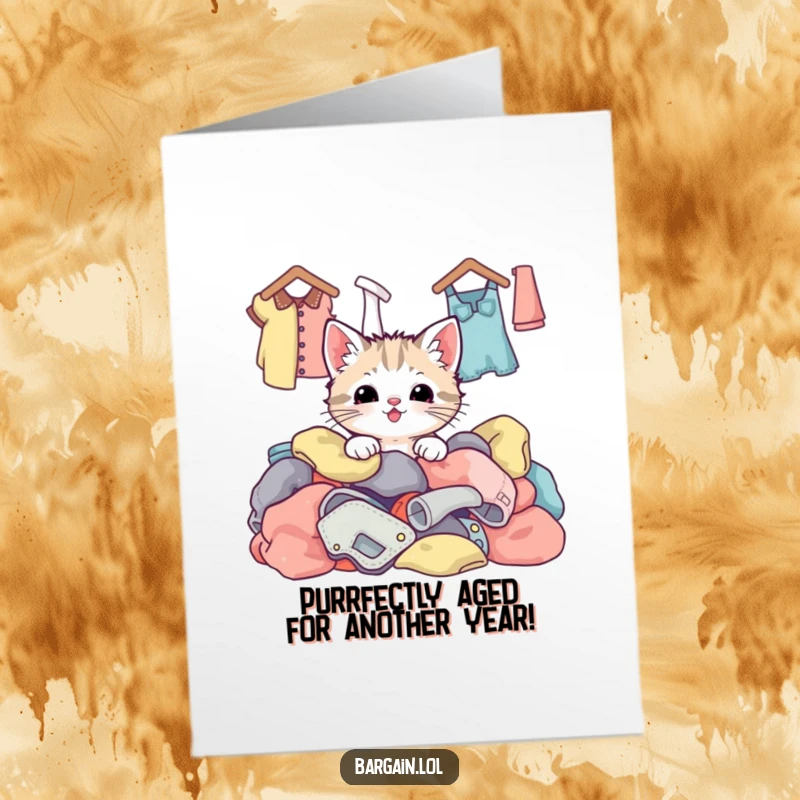Funny Free Printable Birthday Card: Kawaii kitten joyfully peeking from a colorful pile of thrift store clothes, ready for a birthday surprise.