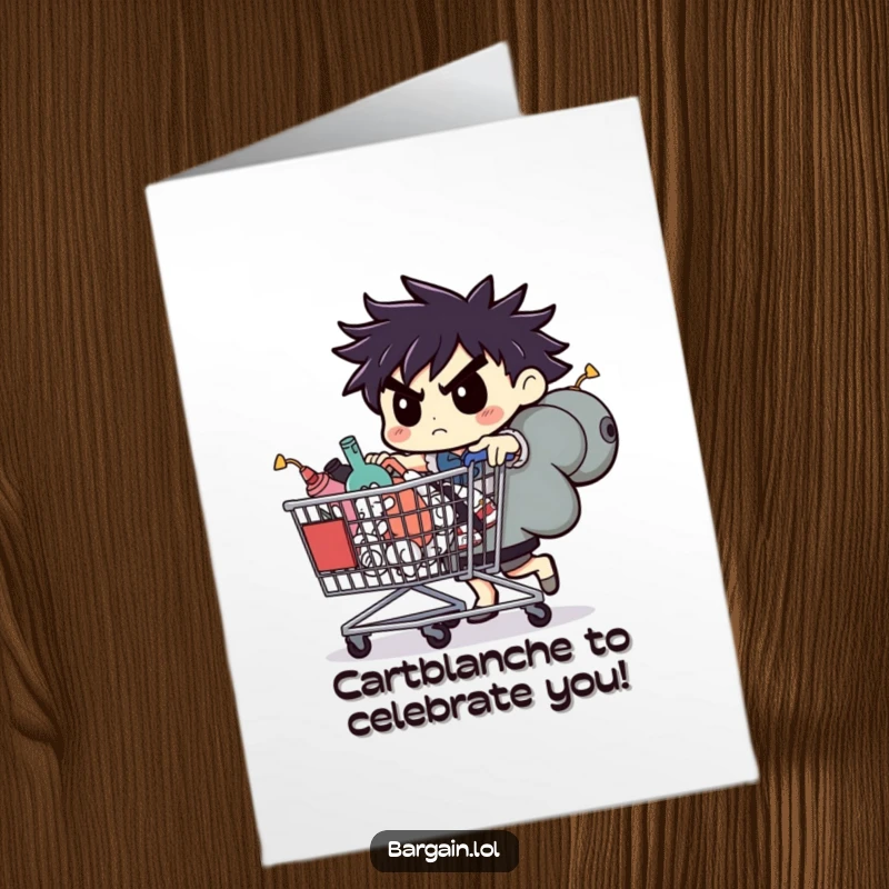 Funny Free Printable Congrats Card: Character with a determined look pushes a massive cart overflowing with peculiar treasures.