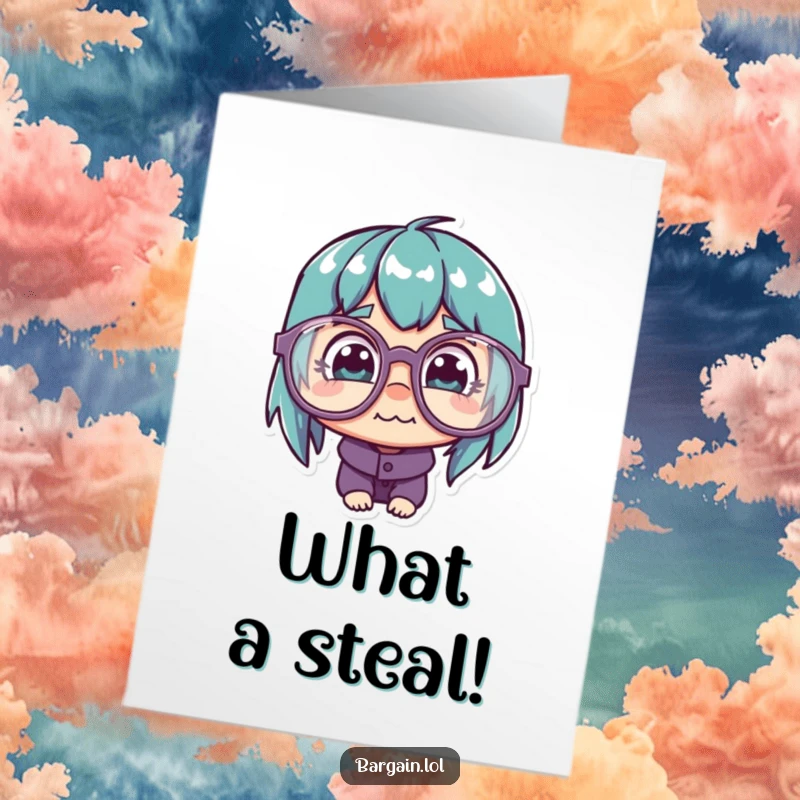 Funny Free Printable Congrats Card: Character wearing enormous, goofy glasses intently looking at a small, cheap price tag, a true bargain hunter.