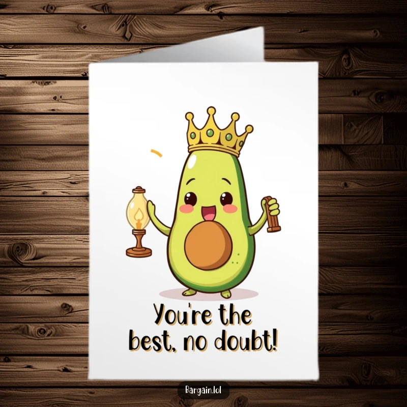 Funny Free Printable Congrats Card: Triumphant avocado with paper crown holds vintage lamp, celebrating a grand success.
