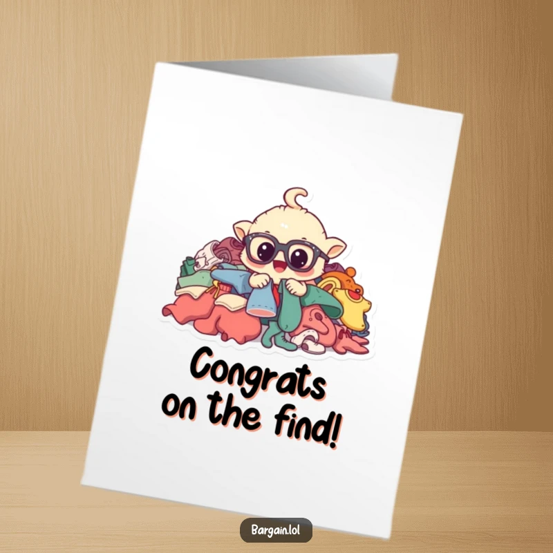 Funny Free Printable Congrats Card: Whimsical creature with glasses excitedly rummaging through clothes for a special find.