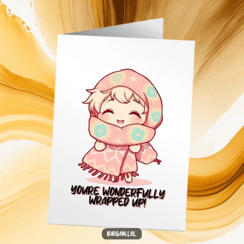 Funny Free Printable Congrats Card: Character admires a ridiculously large, uniquely patterned scarf with pure delight.