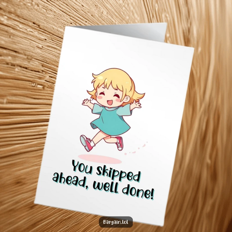 Funny Free Printable Congratulations Card: Character skipping with glitter and small shoes, perfect for a joyful downloadable gift.