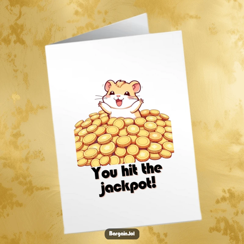 Funny Free Printable Congratulations Card: A tiny hamster gleefully diving into a treasure trove of oversized, sparkling coins.