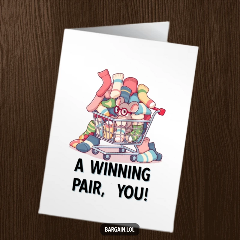 Funny Free Printable Congrats Card: Mouse in monocle examines mismatched socks from a shopping cart, celebrating success with flair.