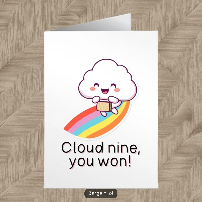 Funny Free Printable Congrats Card: Smiling cloud character descends a rainbow, bearing a gift bag to celebrate success.