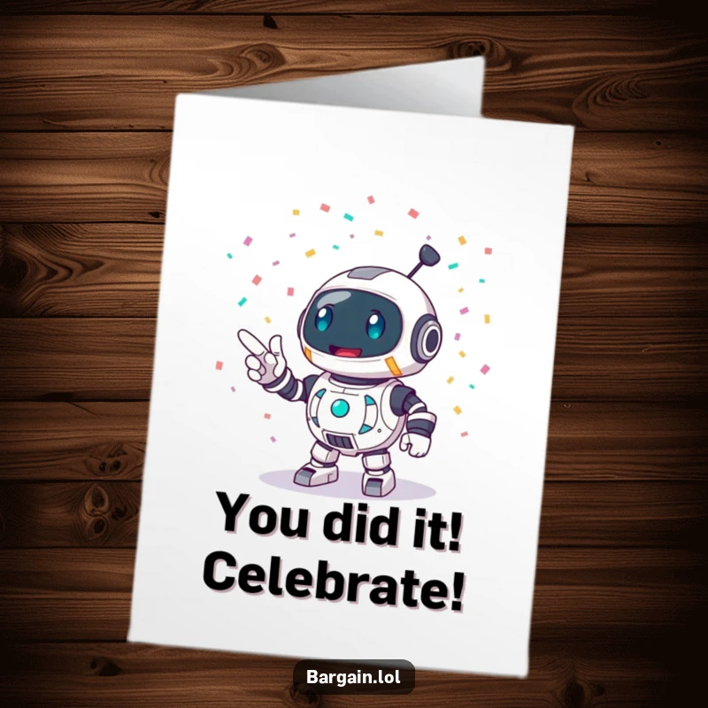Funny Free Printable Congratulations Card: Round robot excitedly pointing at a shower of confetti, signifying a major accomplishment.