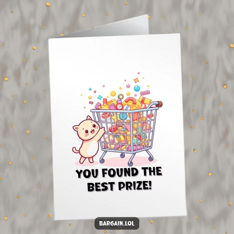 Funny Free Printable Congratulations Card: Tiny round creature joyfully points at an oversized sparkling bargain bin overflowing with tiny treasures, a successful hunt.