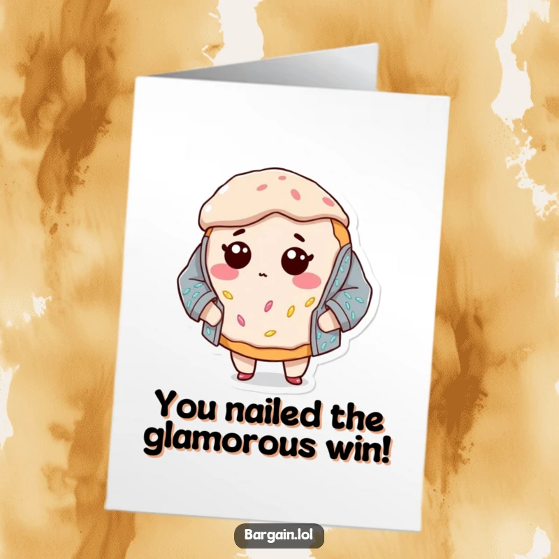 Funny Free Printable Congratulations Card: A bewildered donut character attempting to wear an excessively large, sequined jacket, celebrating success.