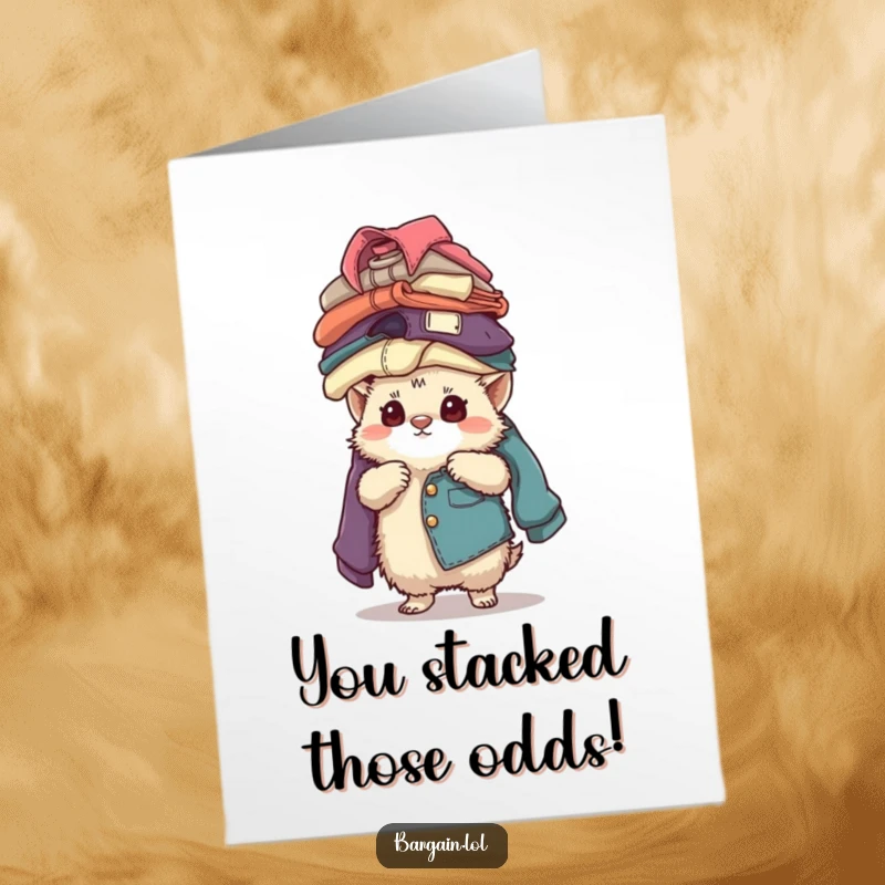 Funny Free Printable Congratulations Card: Fuzzy creature intensely concentrating while balancing a huge stack of vintage clothes, downloadable.