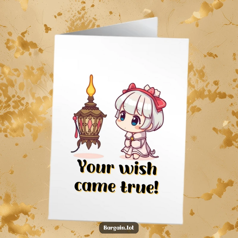 Funny Free Printable Congrats Card: Character curiously inspects a bizarre, ornate lamp with intrigued expression.