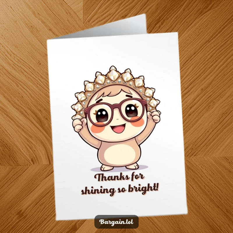 Funny Free Printable Thank You Card: Character with glasses beams, holding a massive, glittering brooch with gratitude.