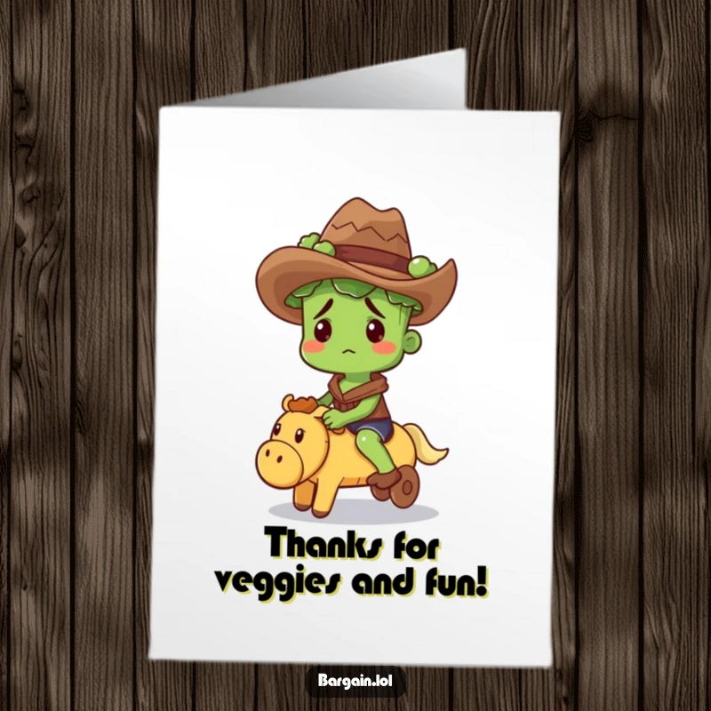 Funny free printable thank you card showing a confused broccoli sprout in a cowboy hat mastering a squeaky toy ride.