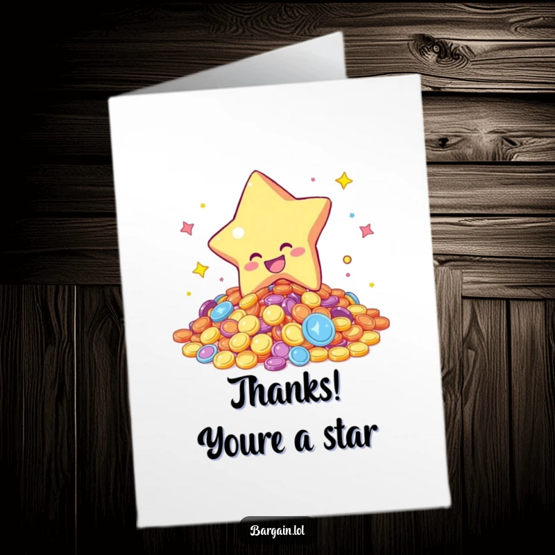 Funny Free Printable Thank You Card: A star character gleefully diving into shimmering coins, symbolizing a wealth of appreciation.