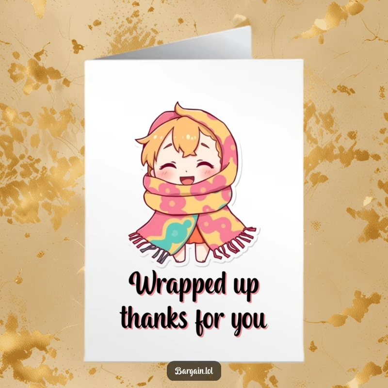 Funny Free Printable Thank You Card: Tiny figure peeking out from a huge, patterned scarf, sending warm thanks.