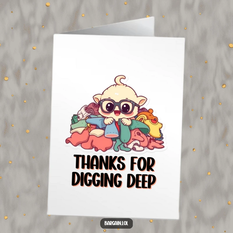 Funny Free Printable Thank You Card: Whimsical creature wearing spectacles digging through a pile of garments, showing thanks.